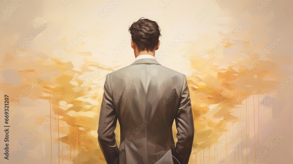 A man in a suit standing in front of a painting A man in a suit standing in front of a painting