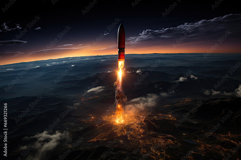 a rocket taking off into the night sky, with clouds and stars in the fore - image is taken from above