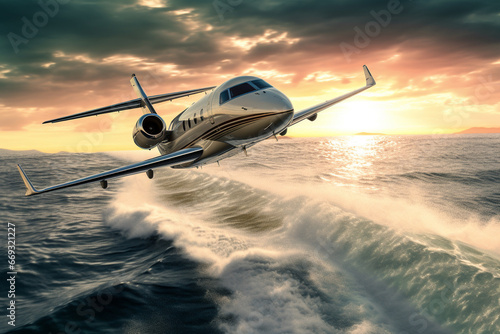 business private jet flying over water generative ai