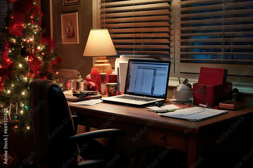 a christmas tree in the corner of a desk with a laptop computer on it and a lamp next to it a christmas tree in the corner of a desk with a laptop computer on it and a lamp next to it