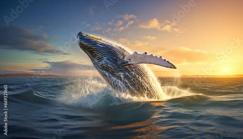 humpback whale jumping out of the water at sunset, The whale is spraying water and ready to fall on its back. Generative AI © Breyenaiimages