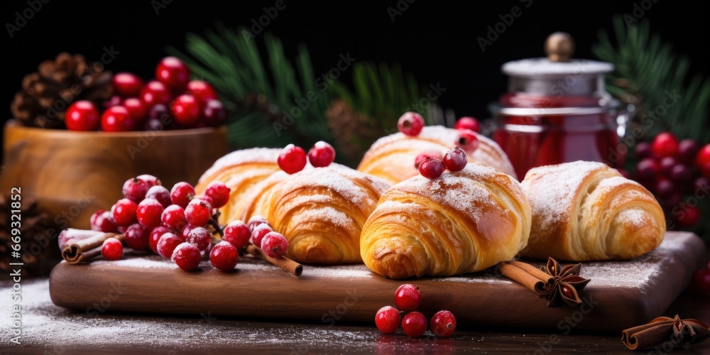Christmas pastries bread and assortment dessert with red berries, generative AI