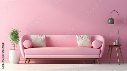 pink colored sofa on the pink wall  in the style of minimalist backgrounds
