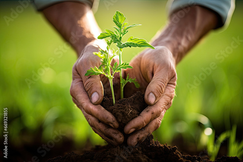 someone's hands holding a young plant in the ground, with green grass and dirt around them to show how they can grow