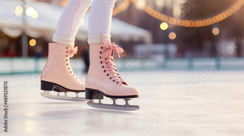 Close-up of feet wearing skates on the ice. Winter skating at an outdoor skating rink. Christmas winter fun. 