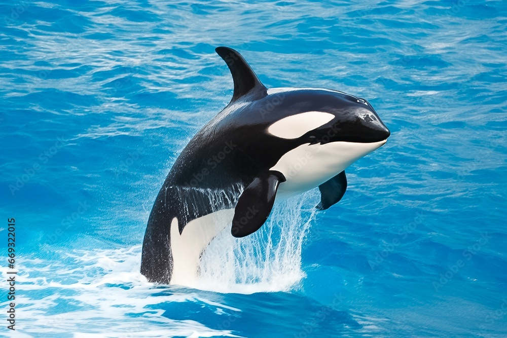 Fototapeta premium killer whale jumping out of the water over the blue sea surface close up. Generative AI