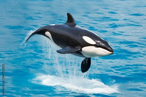 killer whale  jumping out of the water over the blue sea surface close up. Generative AI © Breyenaiimages