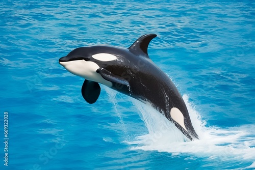 killer whale jumping out of the water over the blue sea surface close up. Generative AI