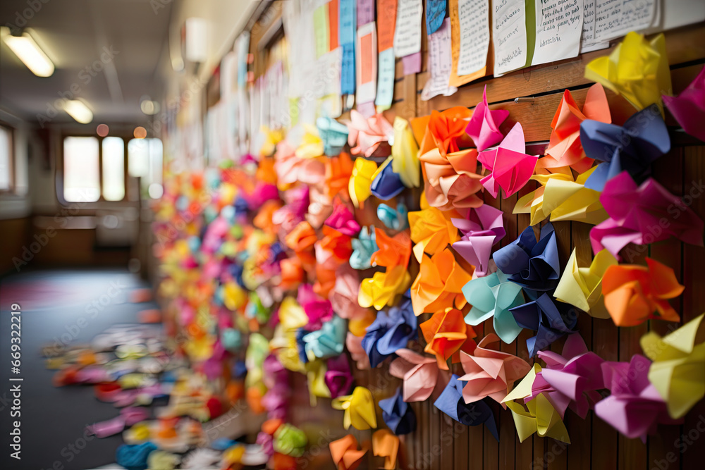 colorful origaal paper bows on a wall in a school hallway, with note notes attached to the walls