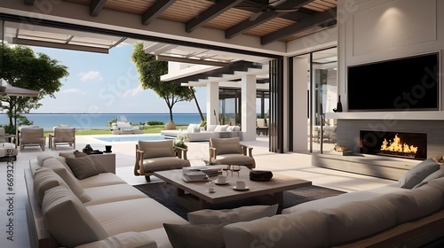 modern living room with floortoceiling windows overlooking an ocean view,