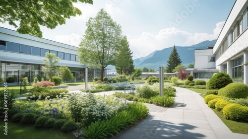 Medical clinic on the background of a mountain landscape