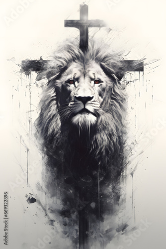 The lion and the cross in black and white