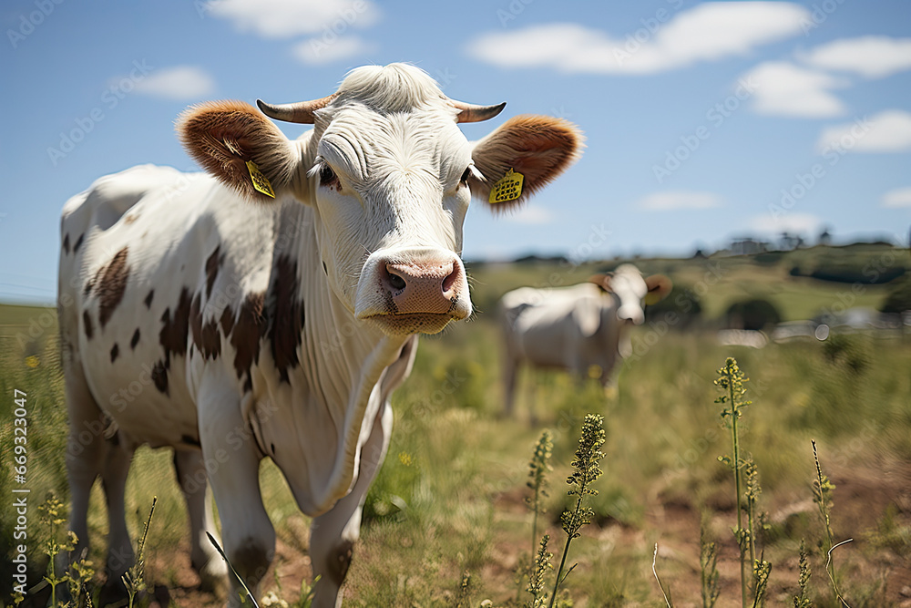 two cows in a field, one is looking at the camera and the other is standing on the grass behind them two cows in a field, one is looking at the camera and the other is standing on the grass behind them