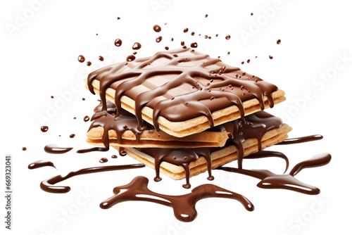 wafer cookies with melted chocolate sprinkles and splash isolated on a transparent background. Generative AI photo