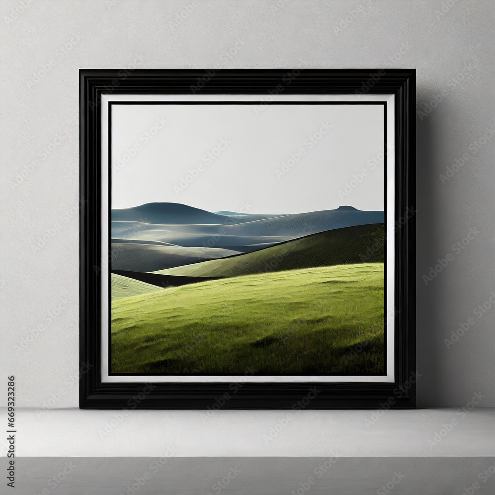 Fototapeta premium Large landscape picture with thin black frame over white background. Template for your content. 3D illustration.