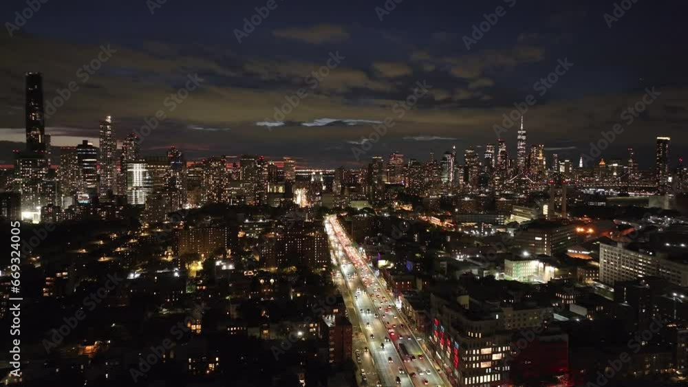 Aerial view of The Brooklyn Queens Expressway cutting through Brooklyn at night Aerial view of The Brooklyn Queens Expressway cutting through Brooklyn at night