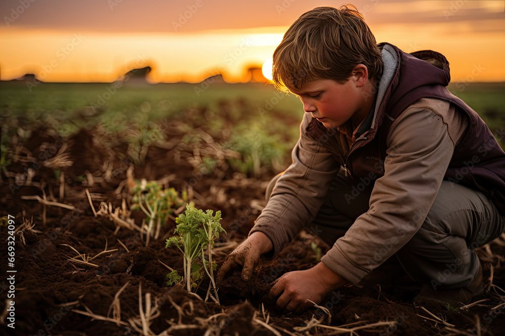 a young boy in the middle of a field with his head down and looking at something he's about to plant