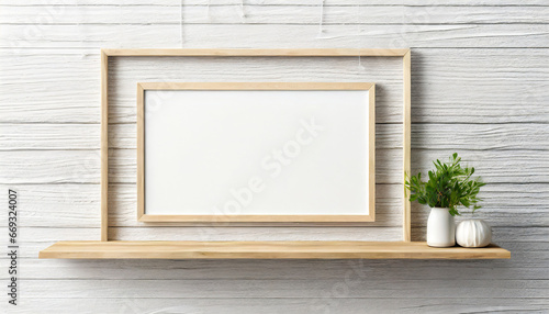 Light wood thin rectangular horizontal frame hanging on a white textured wall mockup, Flat lay, top view, 3D illustration © Beste stock
