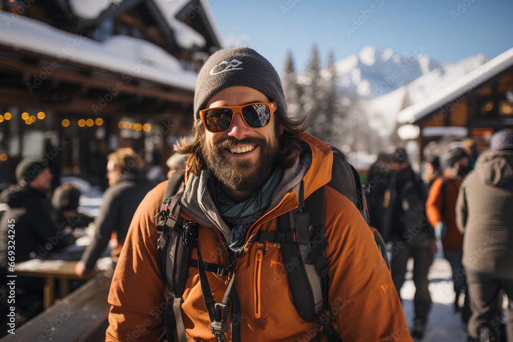 A snowboarder having fun at ski resort bar with friends in winter. Crowded winter destination, ski alps, snowboarding season. A snowboarder having fun at ski resort bar with friends in winter. Crowded winter destination, ski alps, snowboarding season.