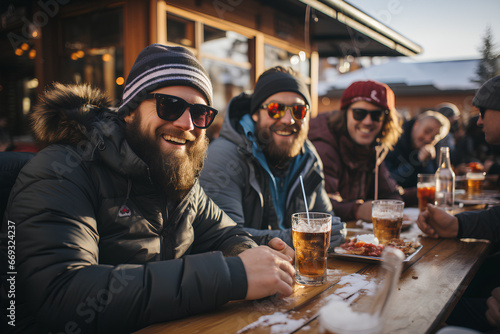 Friends drinking beer in the ski resort after a day of snowboarding. Group of friends having fun in the alps mountains.