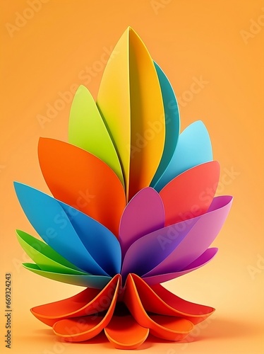 Macro 3D image of flower-shaped colorful curved paper sheets on orange background. Origami paper pattern