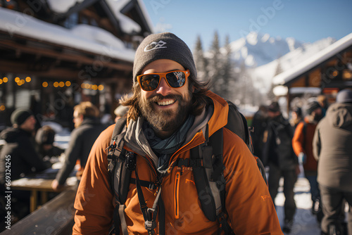A snowboarder having fun at ski resort bar with friends in winter. Crowded winter destination, ski alps, snowboarding season.  photo
