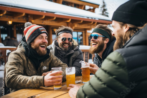 group of friends drinking beer in the bar at ski resort in winter