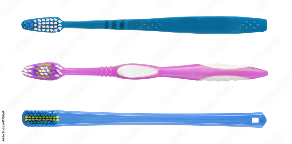 Set of different colorful toothbrushes on white background Set of different colorful toothbrushes on white background