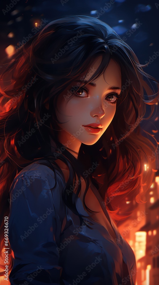 Brunette anime girl at night art