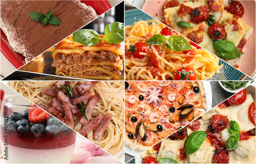 Different tasty Italian dishes. Collage of pasta, lasagna, ravioli, desserts and pizza