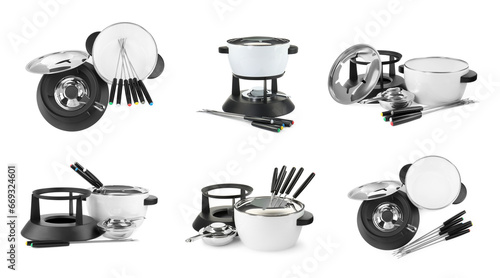 Collage with modern fondue set on white background