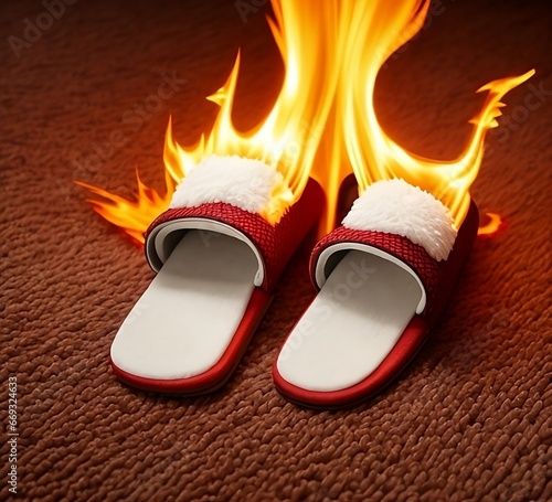 Slippers on fire on carpet background. Burning slippers on carpet background. Concept it's time to buy a new pair of slippers. Concept of sweat feet, bad smell, spoiled slippers after long use.  photo