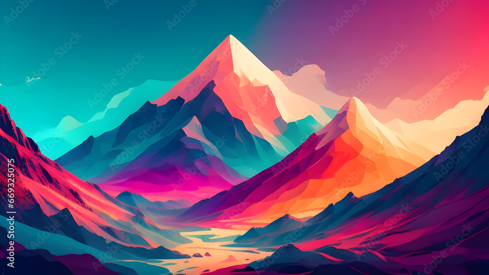 Colorful Majestic Landscape: Panoramic Scenery of Breathtaking Mountain Range and Picturesque Sky