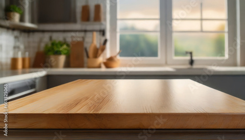 Selective focus.End grain wood table counter top on blur kitchen in morning window background.