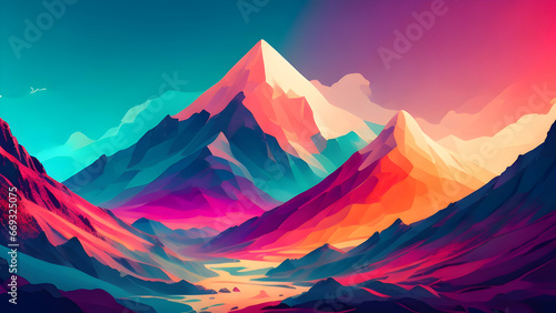 Colorful Majestic Landscape  Panoramic Scenery of Breathtaking Mountain Range and Picturesque Sky