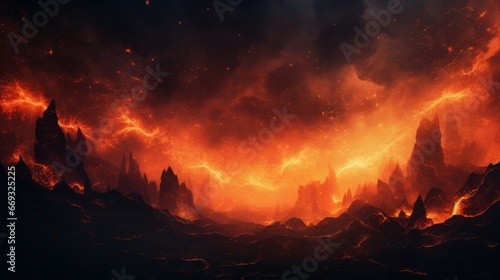 A large fire is burning in the dark photo