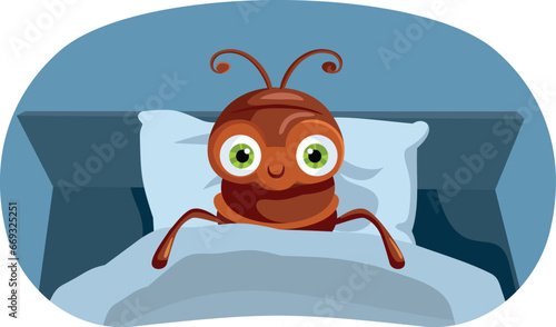 Funny Bed Bug Character Ready to Sleep Vector Cartoon Illustration. Hotel room bed infected with pest insect 

