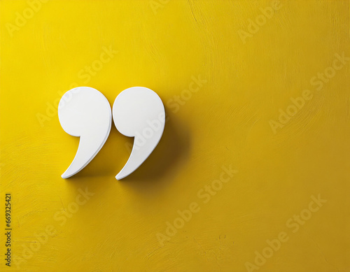 Quotation mark with copy space on yellow background, White quotation mark on yellow wall 3d illustration.
