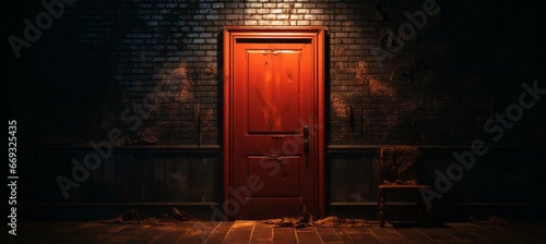 Wooden creepy old red door in the dark. Generative AI technology.