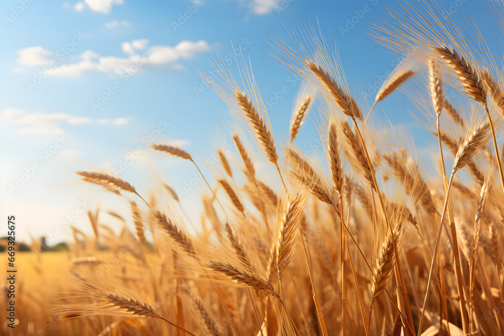 A tranquil and minimalist scene of a golden wheat field in the autumn, featuring the mature wheat swaying in the breeze under the soft autumn sunlight. 