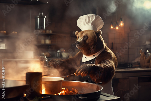 Bear chef's in uniform cook a food at restaurant's kitchen.