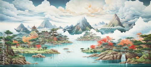 Japanese nature landscape on spring season. Traditional oriental painting style background. Generative AI technology.	
