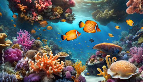 tropical coral reefs, deep sea wallpaper with colorful shells, fish, dolphins, octopuses in the depths of the bay © Perecciv