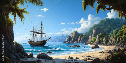 Pirate ship offshore in a tropical bay, landscape, wide banner, copyspace