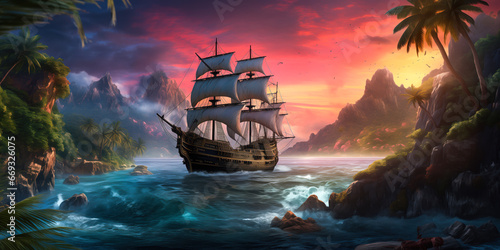 Billede på lærred Pirate ship in a tropical cove or bay at sunset, landscape, wide banner, copyspa
