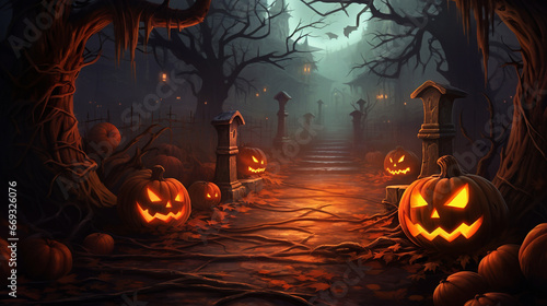 Group of spooky halloween jack o lanterns lit at night