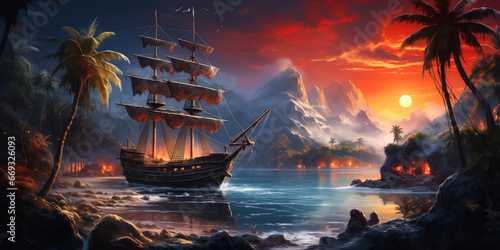 Canvastavla Pirate ship in a tropical cove or bay at sunset, landscape, wide banner, copyspa