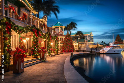 Christmas lights and decor on tropical waterfront homes with yacht at night, winter holiday season
