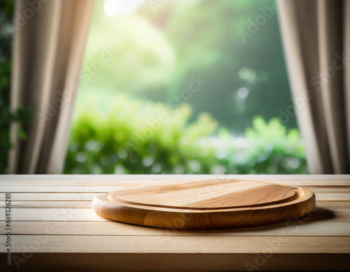 Selective focus.Wood table top and chopping board on blur curtain window with fresh garden in morning background.For montage product display or design key visual