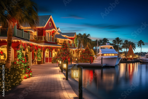 Christmas lights and decor on tropical waterfront homes with yacht at night, winter holiday season